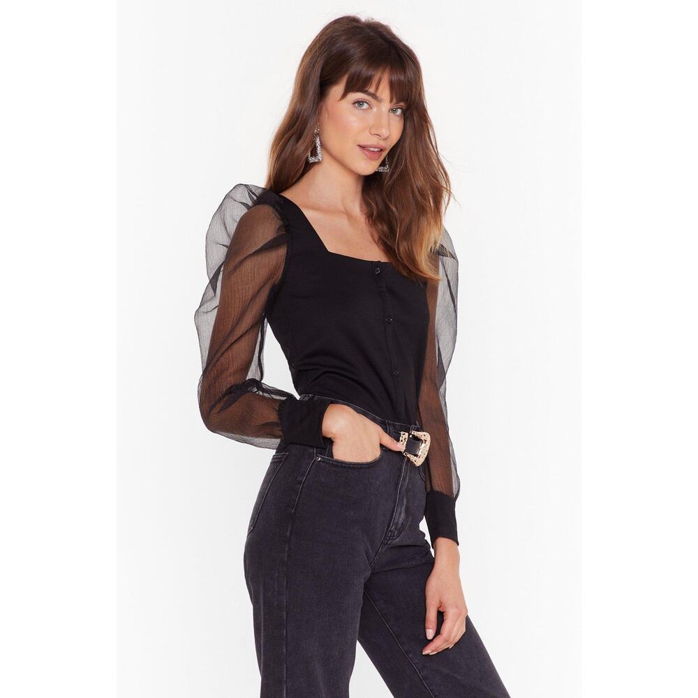 Nasty Gal Black Organza Balloon Puff Mesh Sheer Sleeve Button Blouse Crop Top S